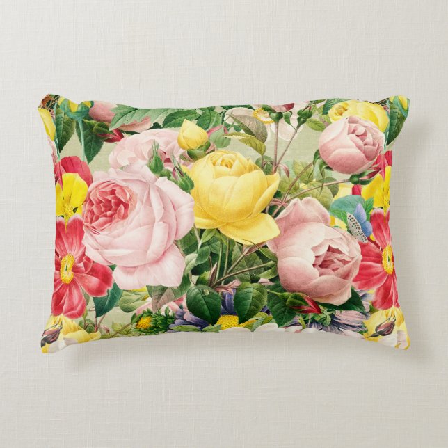 Bright Vintage Rose Floral Medley Accent Pillow (Front)