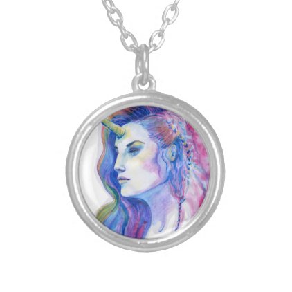 Bright Violet Magic Unicorn Fantasy Illustration Silver Plated Necklace