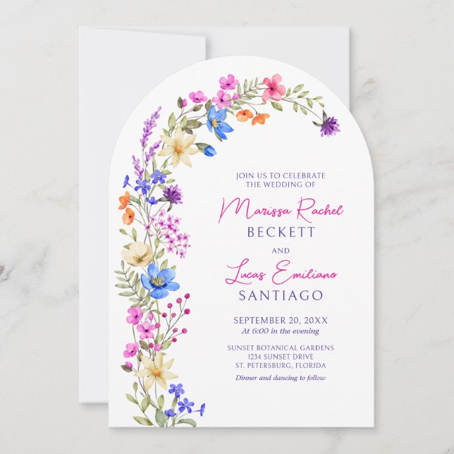 Bright Vivid Colors Wildflower Arch Wedding Invitation (Front)