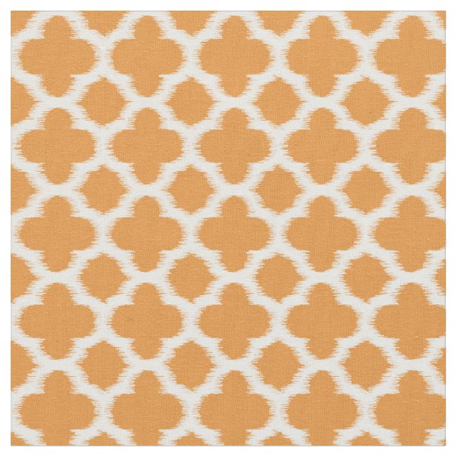 Bright Vivid Orange White Ikat Quatrefoil Pattern Fabric (Close Up)
