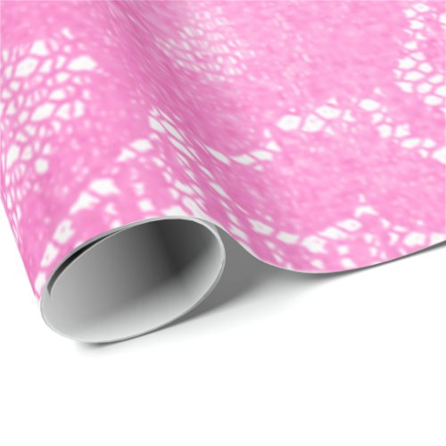 Bright Vivid Pink Rose Bridal Floral Lace White Wrapping Paper