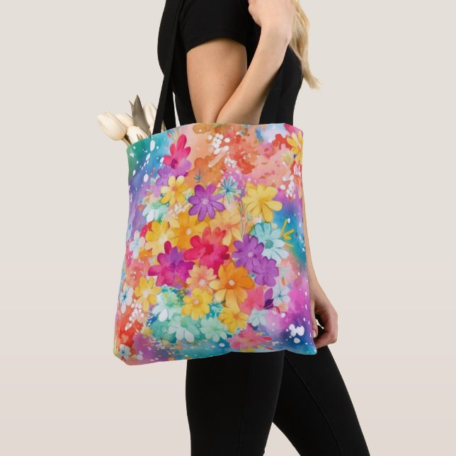 BRIGHT WATERCOLOR ABSTRACT FLOWERS TOTE BAG (Close Up)