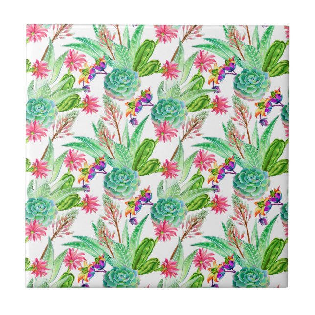 Bright Watercolor Cactus & Succulent Pattern Ceramic Tile (Front)