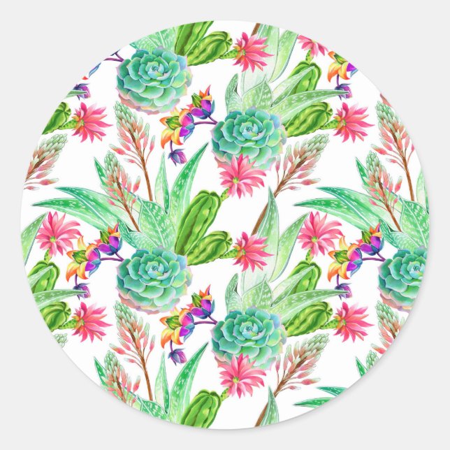 Bright Watercolor Cactus & Succulent Pattern Classic Round Sticker (Front)