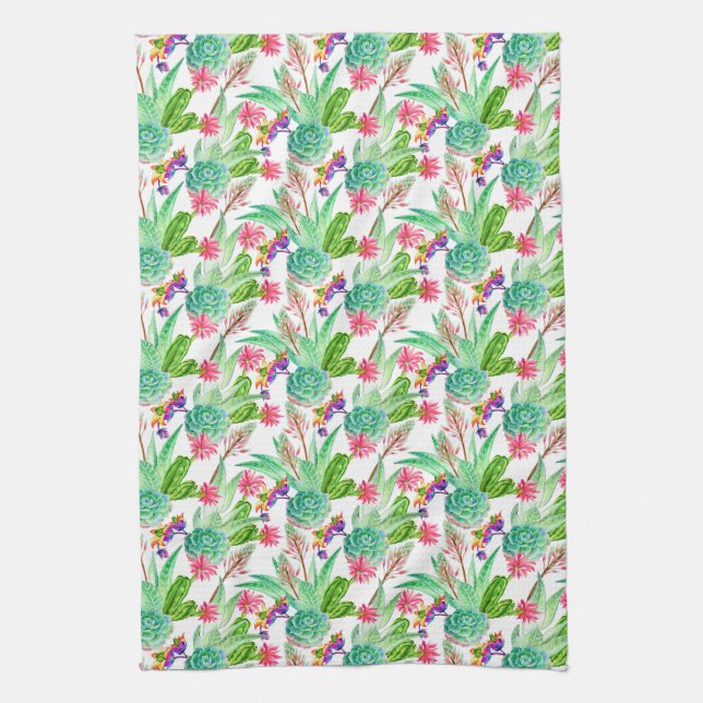 Bright Watercolor Cactus & Succulent Pattern Kitchen Towel (Vertical)