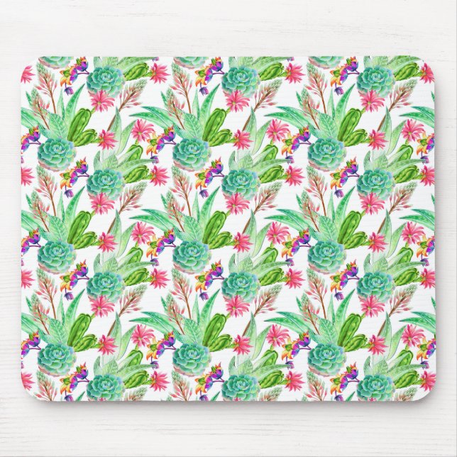 Bright Watercolor Cactus & Succulent Pattern Mouse Pad (Front)