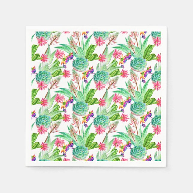 Bright Watercolor Cactus & Succulent Pattern Napkins (Front)