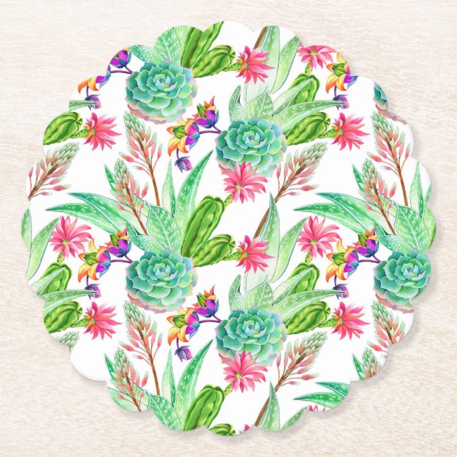 Bright Watercolor Cactus & Succulent Pattern Paper Coaster (Front)