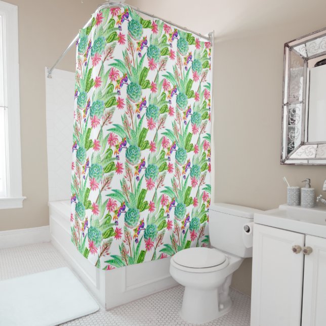 Bright Watercolor Cactus & Succulent Pattern Shower Curtain (In Situ)