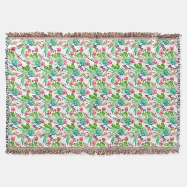 Bright Watercolor Cactus & Succulent Pattern Throw Blanket (Front)