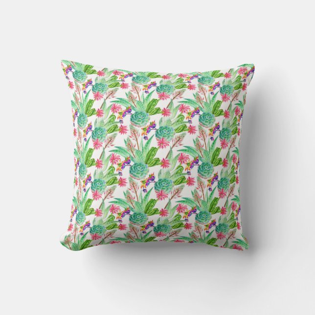 Bright Watercolor Cactus & Succulent Pattern Throw Pillow (Front)