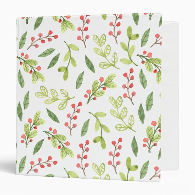Bright Watercolor Christmas Mistletoe Pattern 3 Ring Binder (Front/Inside)