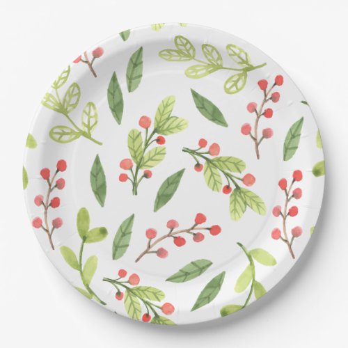 Bright Watercolor Christmas Mistletoe Pattern Paper Plates