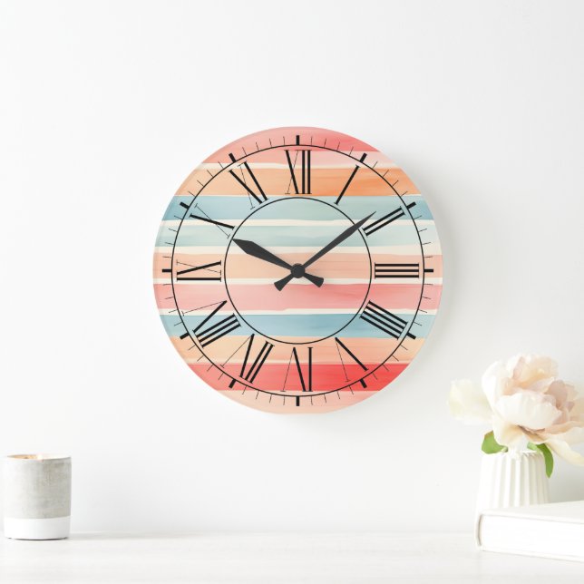Bright Watercolor Colorful Stripe Pattern Large Clock (Home)