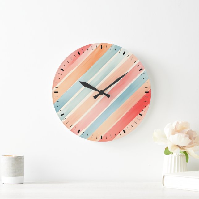 Bright Watercolor Colorful Stripe Pattern Large Clock (Home)