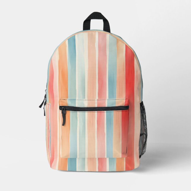 Bright Watercolor Colorful Stripe Pattern Printed Backpack (Front)