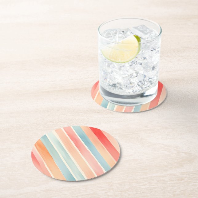 Bright Watercolor Colorful Stripe Pattern Round Paper Coaster (Insitu)