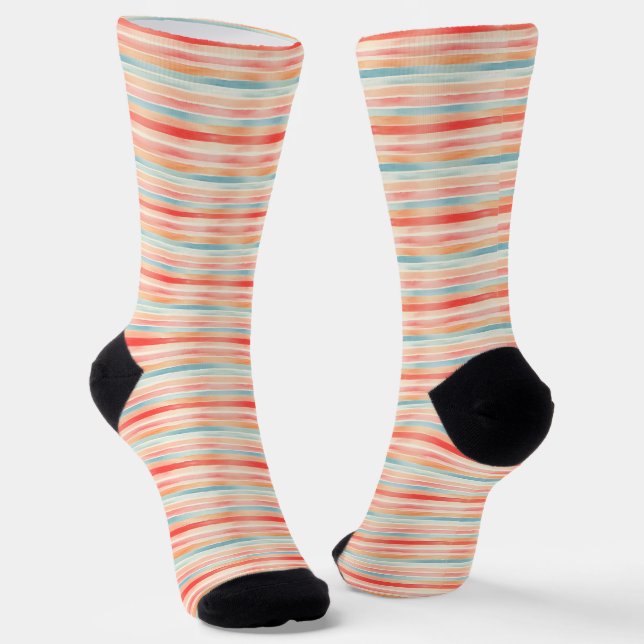 Bright Watercolor Colorful Stripe Pattern Socks (Angled)