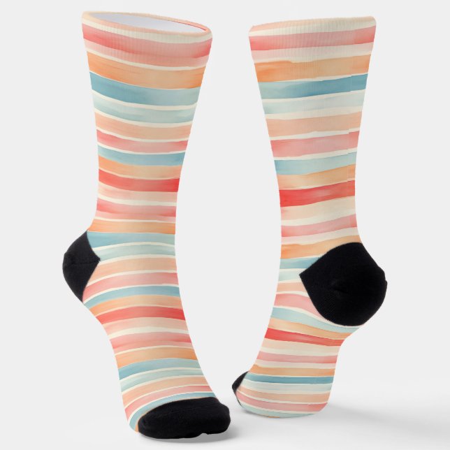 Bright Watercolor Colorful Stripe Pattern Socks (Angled)