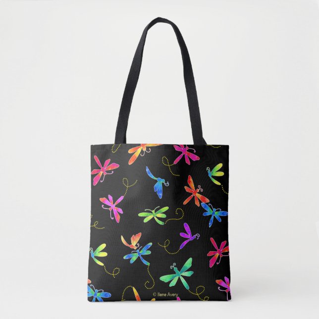 Bright Watercolor Dragonflies on Black Tote Bag (Front)