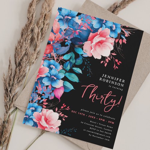 Bright Watercolor Floral 30th Birthday Black  Invitation