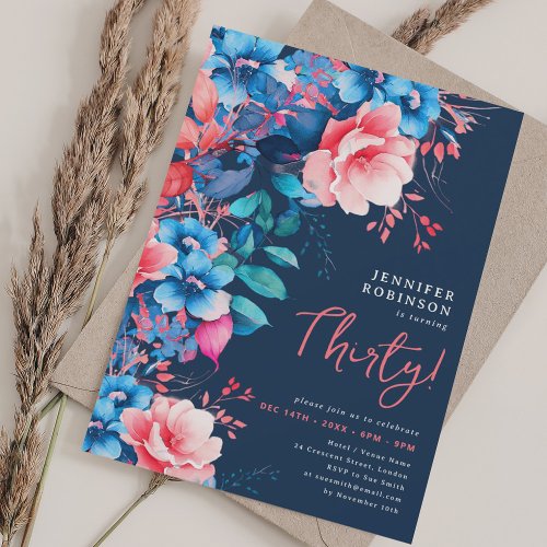 Bright Watercolor Floral 30th Birthday Navy Blue  Invitation