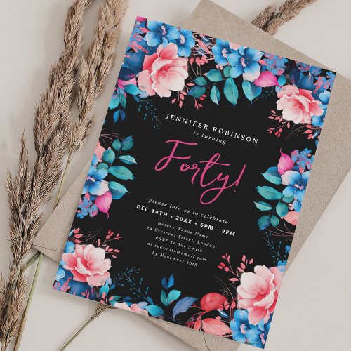 Bright Watercolor Floral 40th Birthday Black  Invitation