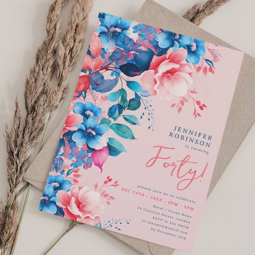 Bright Watercolor Floral 40th Birthday Blush  Invitation