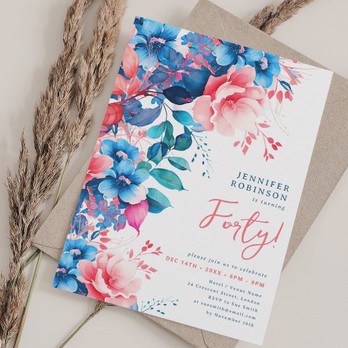 Bright Watercolor Floral 40th Birthday  Invitation