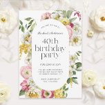 Bright Watercolor Floral 40th Birthday Party Invitation<br><div class="desc">A beautifully feminine birthday party invitation with an elegant watercolor floral frame in cheerful colors of yellow, pink, white and green make this invitation pop with stylish charm. Trendy type face pairings include a chic title in lower case font paired with modern sans serif. The guest of honor's name is...</div>
