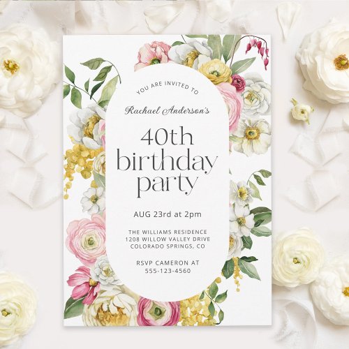Bright Watercolor Floral 40th Birthday Party Invitation