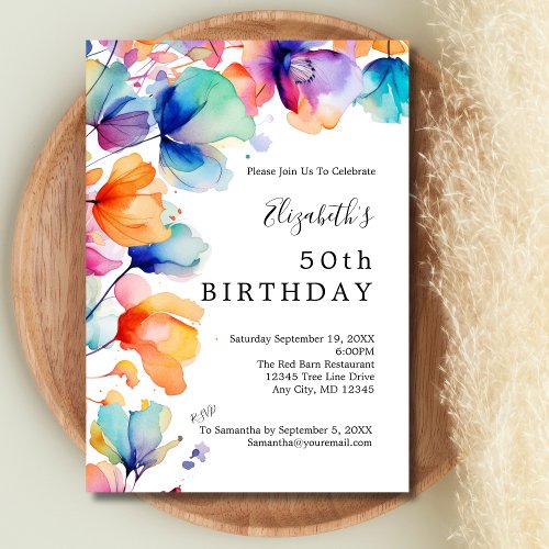 Bright Watercolor Floral 50th Birthday Invitation