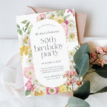 Bright Watercolor Floral 50th Birthday Party Invitation<br><div class="desc">A beautifully feminine birthday party invitation with an elegant watercolor floral frame in cheerful colors of yellow, pink, white and green make this invitation pop with stylish charm. Trendy type face pairings include a chic title in lower case font paired with modern sans serif. The guest of honor's name is...</div>