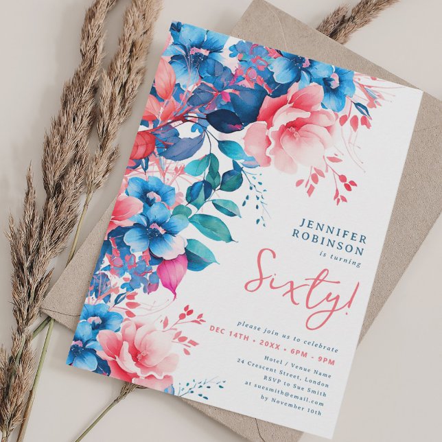 Bright Watercolor Floral 60th Birthday  Invitation (Bright Watercolor Floral 60th Birthday Invitation)