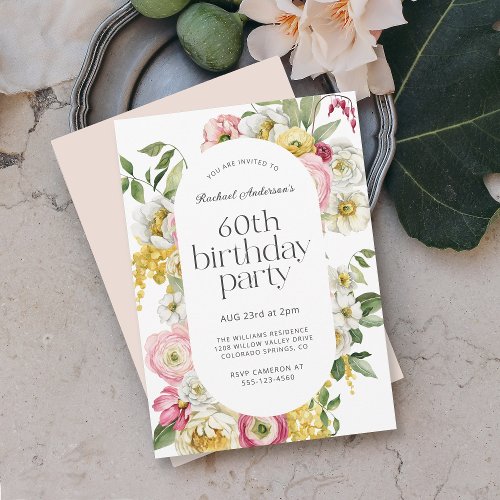 Bright Watercolor Floral 60th Birthday Party Invitation