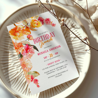 Bright Watercolor Floral Birthday Brunch/Luncheon Invitation
