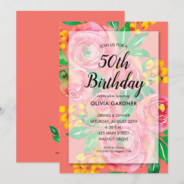 Bright Watercolor Floral Birthday Invitations (Front/Back)