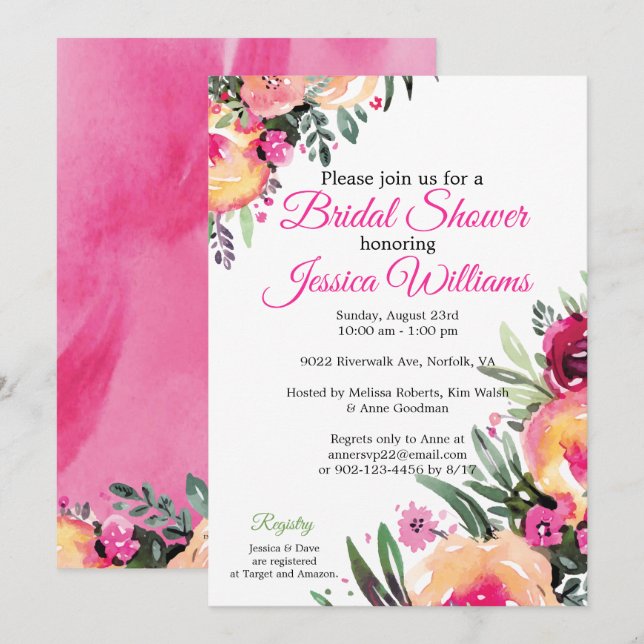 Bright Watercolor Floral Bridal Shower Invitation (Front/Back)