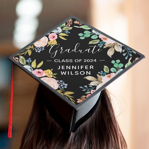 Bright Watercolor Floral  Class of 2024 Graduate Graduation Cap Topper