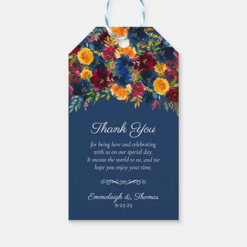 Bright Watercolor Floral Dark Blue Favor Gift Tags