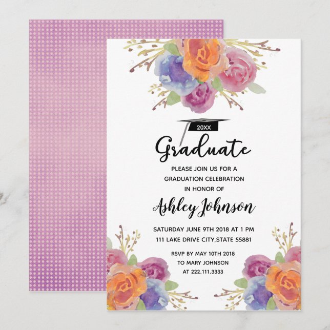 Bright Watercolor Floral Graduation Invitation (Front/Back)