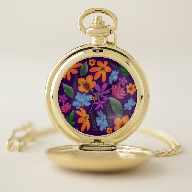 Bright Watercolor Floral Pattern Botanical Aesthet Pocket Watch (Inside)