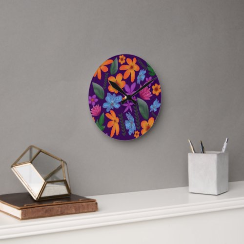 Bright Watercolor Floral Pattern Botanical Aesthet Round Clock