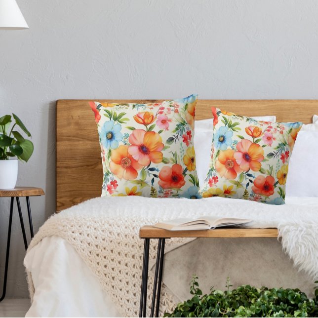 Bright Watercolor Floral Poppies Throw Pillow (Creator Uploaded)