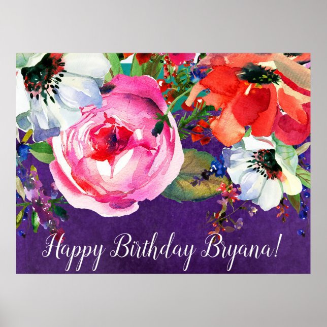 Bright Watercolor Floral Purple Chic Party Banner Poster (Front)