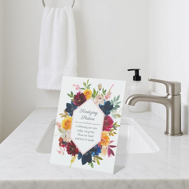 Bright Watercolor Floral Sanitizing Station Pedestal Sign (Creator Uploaded)