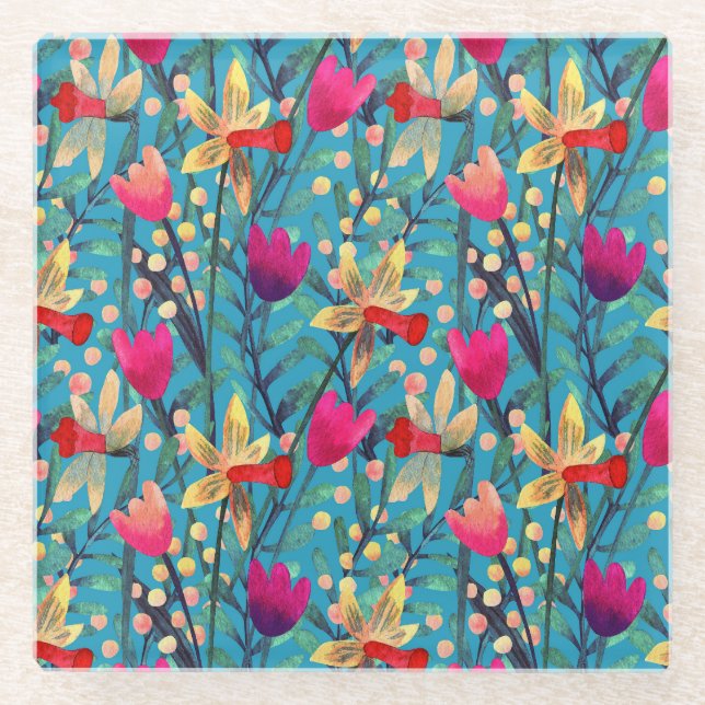 Bright Watercolor: Floral Seamless Design. Glass Coaster (Front)