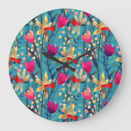 Bright Watercolor: Floral Seamless Design. Large Clock