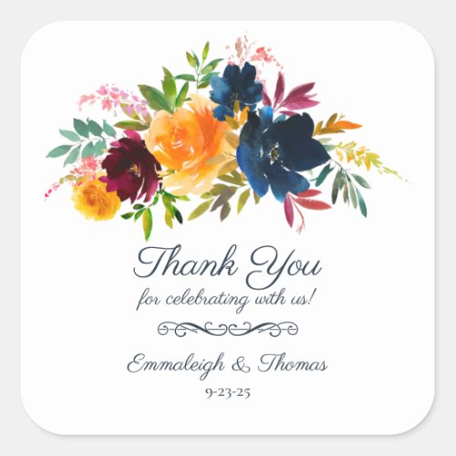 Bright Watercolor Floral Thank You Favor Square Sticker