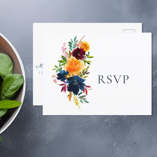 Bright Watercolor Floral Wedding RSVP Invitation Postcard